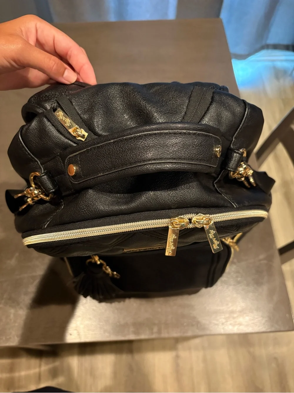 Quilted Black Diaper Backpack with Tassel Accent